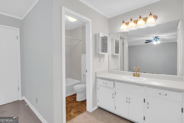 2786 Olde Gate Ct, Snellville, GA 30078 - bathroom featuring crown molding, vanity, a ceiling fan, toilet, and  shower combination