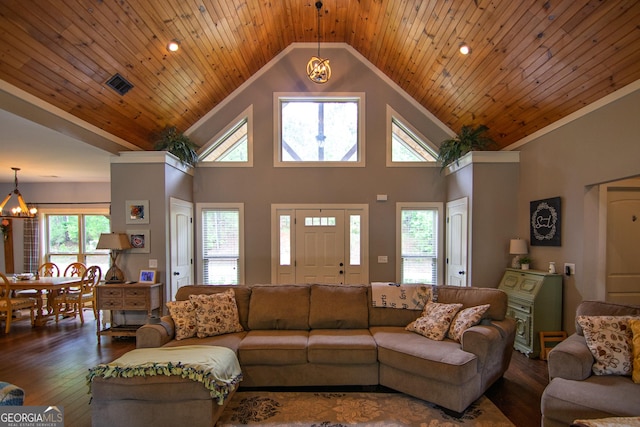 299 Savior Ln, Hamilton, GA 31811 - living room with a chandelier, hardwood / wood-style floors, high vaulted ceiling, wooden ceiling, and recessed lighting
