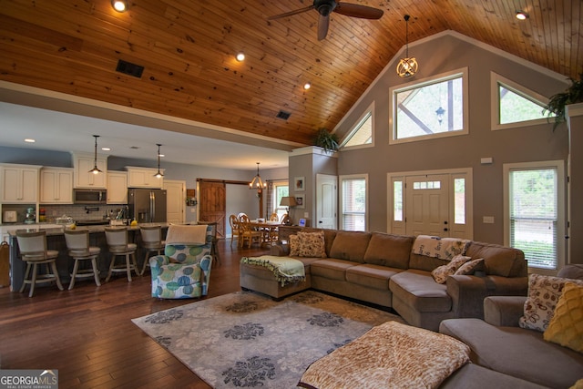 299 Savior Ln, Hamilton, GA 31811 - living area featuring healthy amount of natural light, high vaulted ceiling, ceiling fan, dark wood-style floors, and recessed lighting