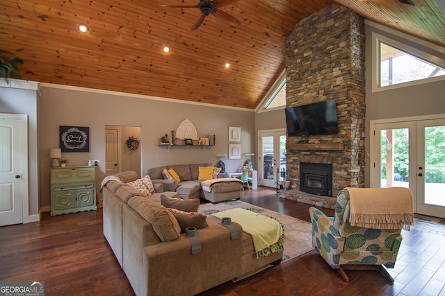 299 Savior Ln, Hamilton, GA 31811 - living area featuring high vaulted ceiling, wood ceiling, a ceiling fan, french doors, and a fireplace