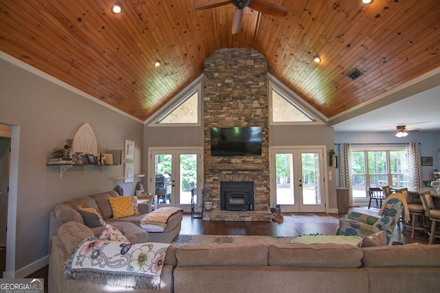 299 Savior Ln, Hamilton, GA 31811 - living area featuring french doors, a ceiling fan, wooden ceiling, baseboards, and wood finished floors