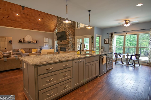 299 Savior Ln, Hamilton, GA 31811 - kitchen with a sink, open floor plan, stainless steel dishwasher, a ceiling fan, and lofted ceiling