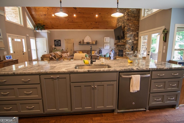 299 Savior Ln, Hamilton, GA 31811 - kitchen with gray cabinetry, open floor plan, stainless steel dishwasher, wood ceiling, and a sink