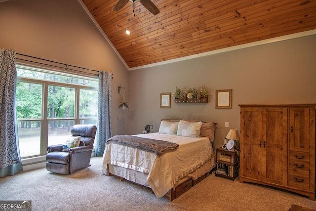 299 Savior Ln, Hamilton, GA 31811 - carpeted bedroom with wooden ceiling, multiple windows, high vaulted ceiling, and ceiling fan