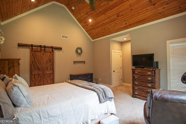 299 Savior Ln, Hamilton, GA 31811 - carpeted bedroom featuring wood ceiling, recessed lighting, a barn door, baseboards, and high vaulted ceiling