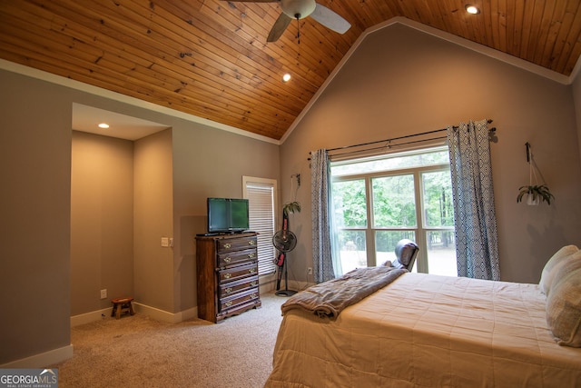 299 Savior Ln, Hamilton, GA 31811 - carpeted bedroom with recessed lighting, wooden ceiling, baseboards, high vaulted ceiling, and a ceiling fan