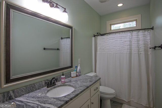 299 Savior Ln, Hamilton, GA 31811 - full bath featuring toilet, vanity, recessed lighting, and a shower with shower curtain