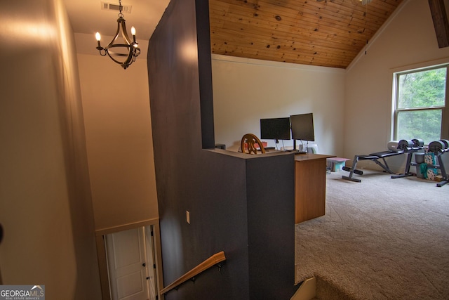 299 Savior Ln, Hamilton, GA 31811 - home office featuring carpet, wood ceiling, lofted ceiling, and a chandelier