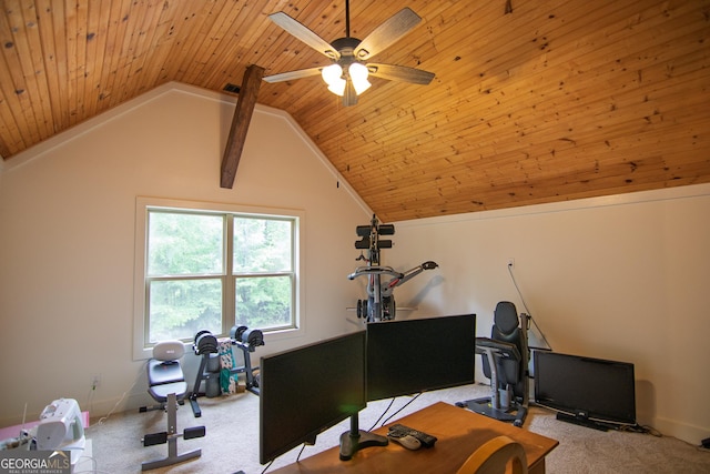 299 Savior Ln, Hamilton, GA 31811 - home office featuring wood ceiling, vaulted ceiling, carpet floors, and a ceiling fan