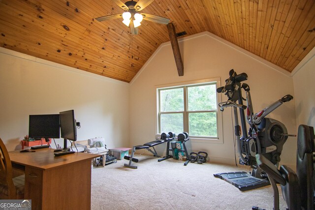 299 Savior Ln, Hamilton, GA 31811 - exercise area with carpet flooring, vaulted ceiling, wood ceiling, and a ceiling fan