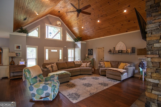 299 Savior Ln, Hamilton, GA 31811 - living area with wooden ceiling, ceiling fan, wood-type flooring, and high vaulted ceiling