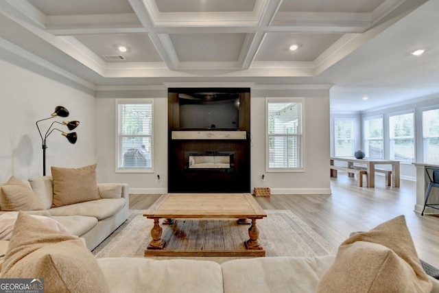 263 Blue Billed Xing, Jefferson, GA 30549 - living area with a large fireplace, wood finished floors, beamed ceiling, baseboards, and ornamental molding