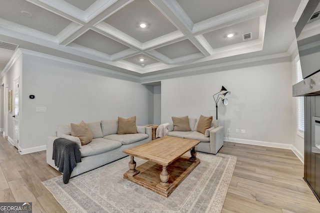 263 Blue Billed Xing, Jefferson, GA 30549 - living area with coffered ceiling, baseboards, beamed ceiling, light wood-style flooring, and recessed lighting