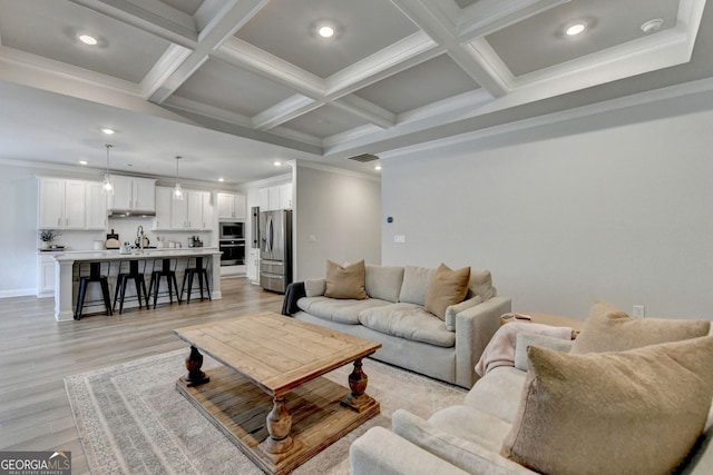 263 Blue Billed Xing, Jefferson, GA 30549 - living room featuring beamed ceiling, light wood finished floors, coffered ceiling, recessed lighting, and baseboards