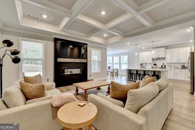 263 Blue Billed Xing, Jefferson, GA 30549 - living area with light wood-style flooring, recessed lighting, coffered ceiling, beamed ceiling, and a large fireplace