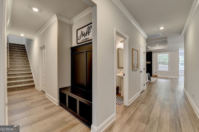 263 Blue Billed Xing, Jefferson, GA 30549 - corridor with ornamental molding, light wood-type flooring, stairway, baseboards, and recessed lighting