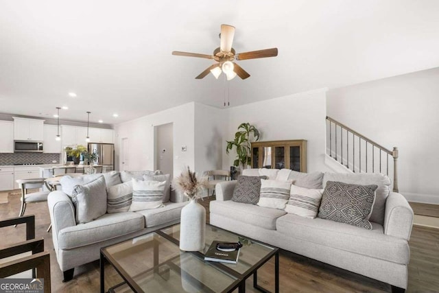 537 Garnet Dr, Acworth, GA 30101 - living area with wood finished floors, a ceiling fan, recessed lighting, and baseboards
