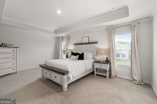 537 Garnet Dr, Acworth, GA 30101 - bedroom with a tray ceiling, ornamental molding, light carpet, and baseboards
