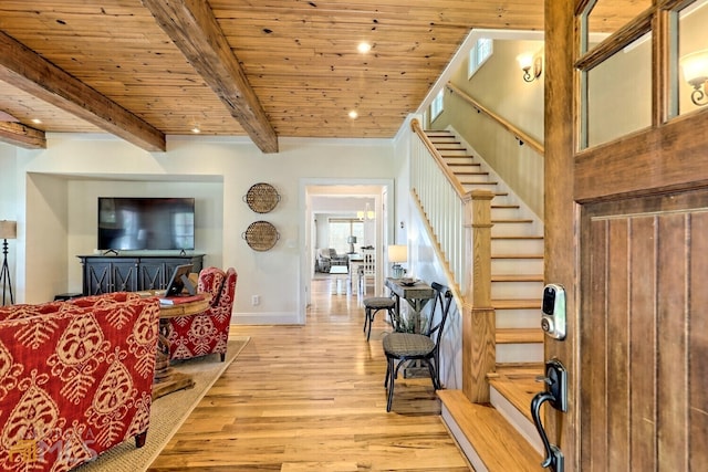 643 Washington St, Clarkesville, GA 30523 - living area with light wood-style flooring, stairway, baseboards, and wooden ceiling with exposed beams