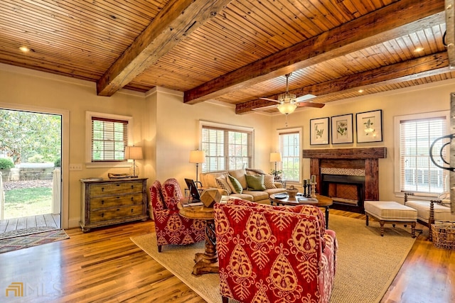 643 Washington St, Clarkesville, GA 30523 - living room featuring wood finished floors, a premium fireplace, healthy amount of natural light, ceiling fan, and wood ceiling with exposed beams