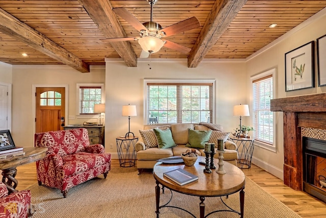 643 Washington St, Clarkesville, GA 30523 - living area with wood ceiling with exposed beams, a tile fireplace, plenty of natural light, baseboards, and light wood-style flooring