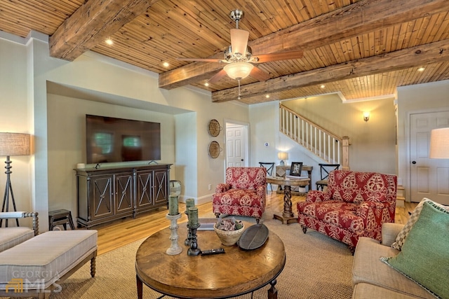 643 Washington St, Clarkesville, GA 30523 - living room featuring wood ceiling with exposed beams, stairway, light wood-type flooring, ceiling fan, and recessed lighting