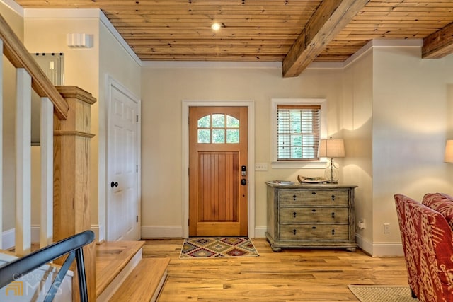 643 Washington St, Clarkesville, GA 30523 - entrance foyer with wooden ceiling with exposed beams, light wood finished floors, baseboards, and stairway