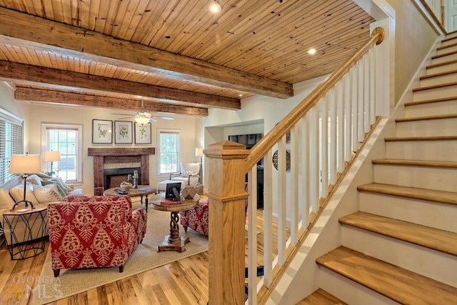 643 Washington St, Clarkesville, GA 30523 - living room with wood finished floors, stairway, a fireplace, ceiling fan, and recessed lighting
