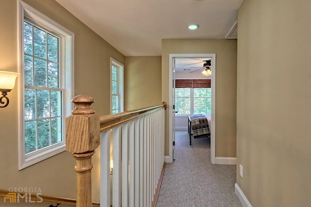 643 Washington St, Clarkesville, GA 30523 - hall featuring carpet, baseboards, an upstairs landing, and recessed lighting