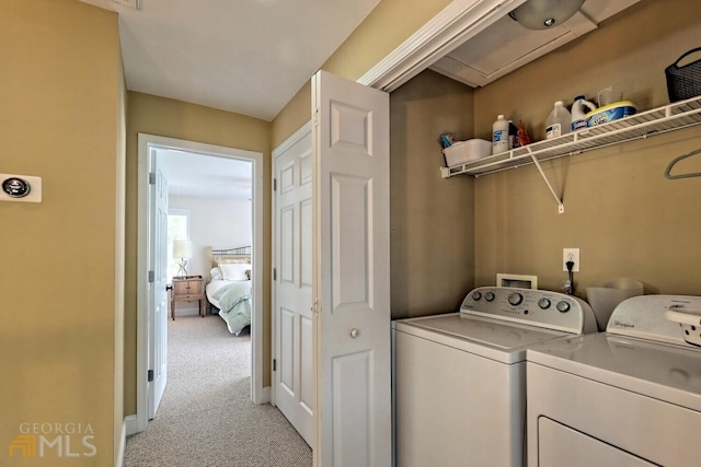 643 Washington St, Clarkesville, GA 30523 - laundry room featuring separate washer and dryer and light colored carpet