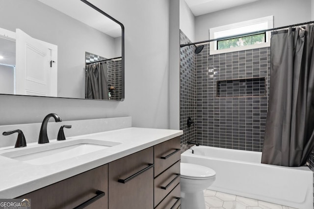 1971 Centennial Rd, Rutledge, GA 30663 - bathroom with vanity, shower / bathtub combination with curtain, toilet, and tile patterned floors