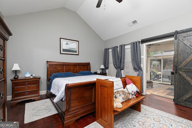 2256 Long Bow Chase NW, Kennesaw, GA 30144 - bedroom featuring access to outside, vaulted ceiling, a barn door, wood finished floors, and a ceiling fan