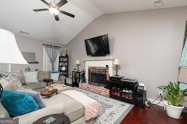 2256 Long Bow Chase NW, Kennesaw, GA 30144 - living room with wood finished floors, vaulted ceiling, a ceiling fan, and a fireplace