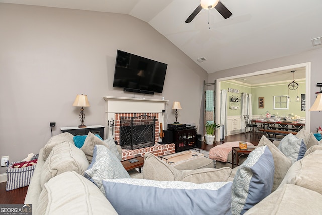 2256 Long Bow Chase NW, Kennesaw, GA 30144 - living area with lofted ceiling, a ceiling fan, wood finished floors, and a fireplace