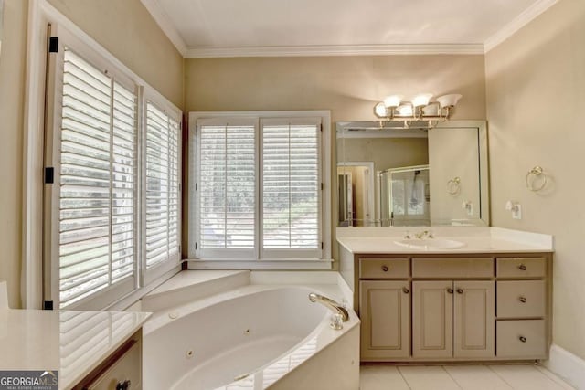 5980 Whitestone Ln, Suwanee, GA 30024 - bathroom with plenty of natural light, a stall shower, a tub with jets, vanity, and ornamental molding