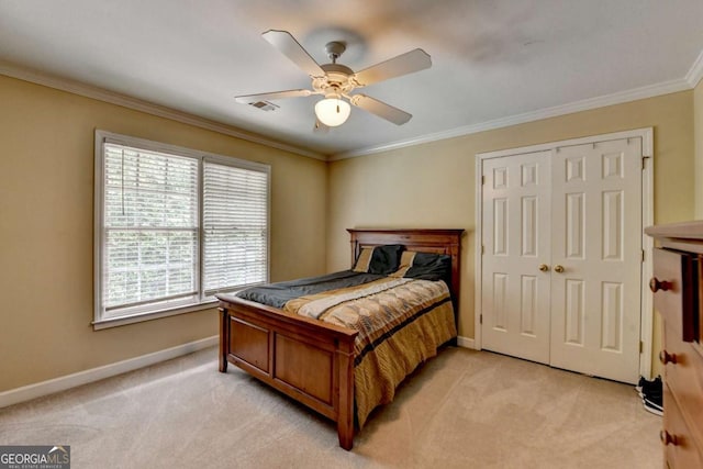 5980 Whitestone Ln, Suwanee, GA 30024 - bedroom featuring light colored carpet, a closet, ornamental molding, and ceiling fan