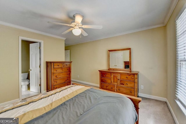 5980 Whitestone Ln, Suwanee, GA 30024 - bedroom featuring crown molding, multiple windows, a ceiling fan, connected bathroom, and carpet flooring