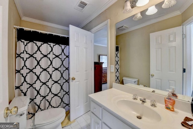 5980 Whitestone Ln, Suwanee, GA 30024 - bathroom featuring vanity, crown molding, tile patterned floors, and a shower with curtain