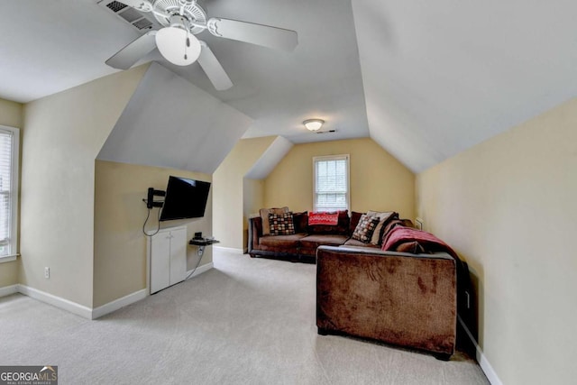 5980 Whitestone Ln, Suwanee, GA 30024 - carpeted living room featuring vaulted ceiling and ceiling fan