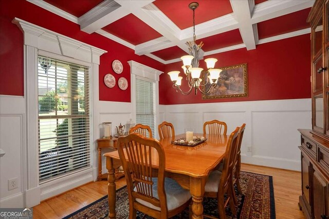 1917 Hearthstone Ct, Winder, GA 30680 - dining space featuring beamed ceiling, a chandelier, a wainscoted wall, coffered ceiling, and light wood-style flooring