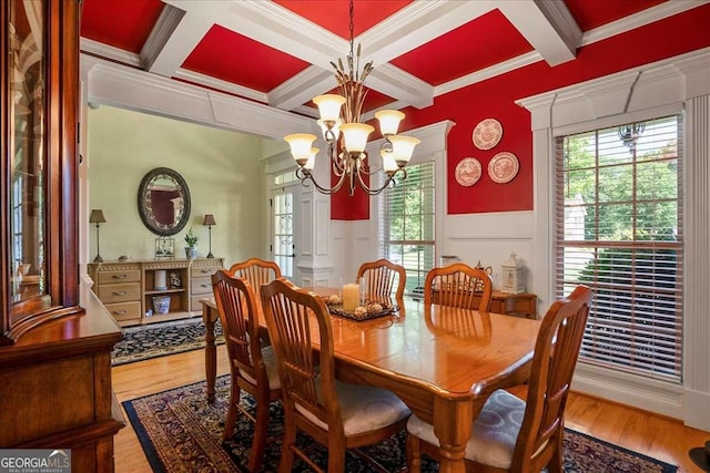 1917 Hearthstone Ct, Winder, GA 30680 - dining room with a chandelier, beam ceiling, coffered ceiling, plenty of natural light, and wood finished floors