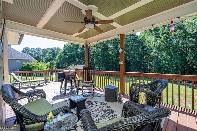 1917 Hearthstone Ct, Winder, GA 30680 - wooden terrace with ceiling fan and view of wooded area