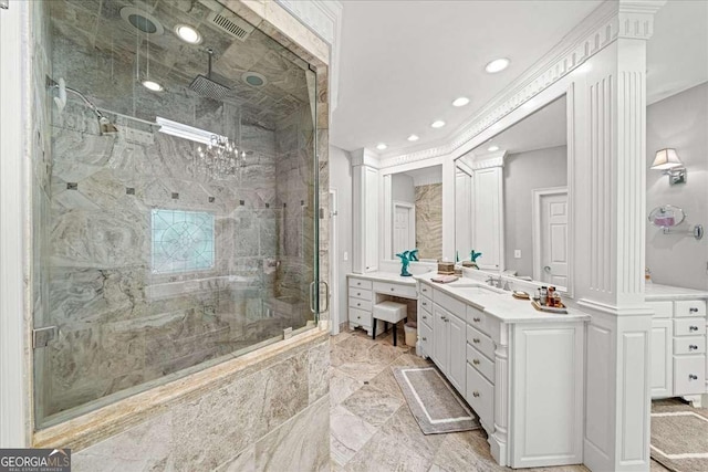 162 Daltree Ct, Marietta, GA 30068 - bathroom featuring a shower stall, vanity, recessed lighting, ornate columns, and marble finish floors