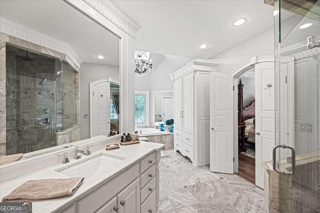 162 Daltree Ct, Marietta, GA 30068 - ensuite bathroom featuring a stall shower, vanity, recessed lighting, decorative columns, and a bath