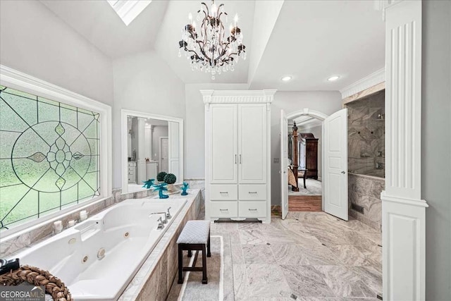 162 Daltree Ct, Marietta, GA 30068 - bathroom featuring a whirlpool tub, recessed lighting, marble finish floors, a tile shower, and a chandelier