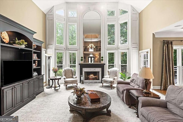 162 Daltree Ct, Marietta, GA 30068 - living room with high vaulted ceiling and a high end fireplace
