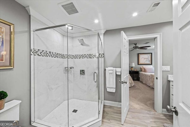162 Daltree Ct, Marietta, GA 30068 - ensuite bathroom featuring a shower stall, a ceiling fan, and recessed lighting