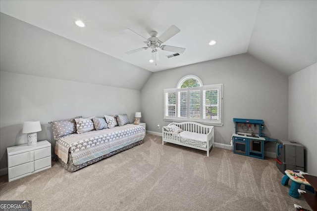 162 Daltree Ct, Marietta, GA 30068 - carpeted bedroom with lofted ceiling, a ceiling fan, baseboards, and recessed lighting
