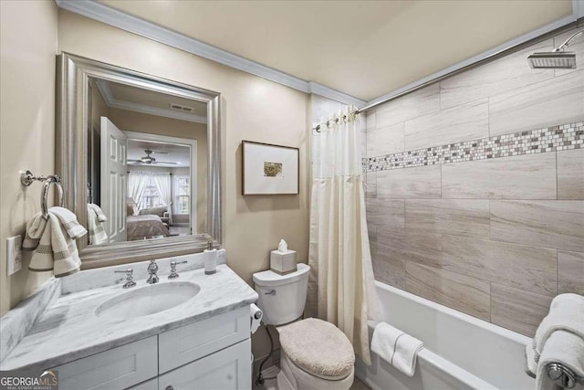 162 Daltree Ct, Marietta, GA 30068 - full bath featuring connected bathroom, crown molding, vanity, shower / bath combo with shower curtain, and a ceiling fan