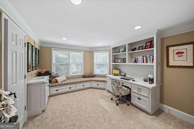 162 Daltree Ct, Marietta, GA 30068 - office area featuring crown molding, light carpet, built in desk, and recessed lighting